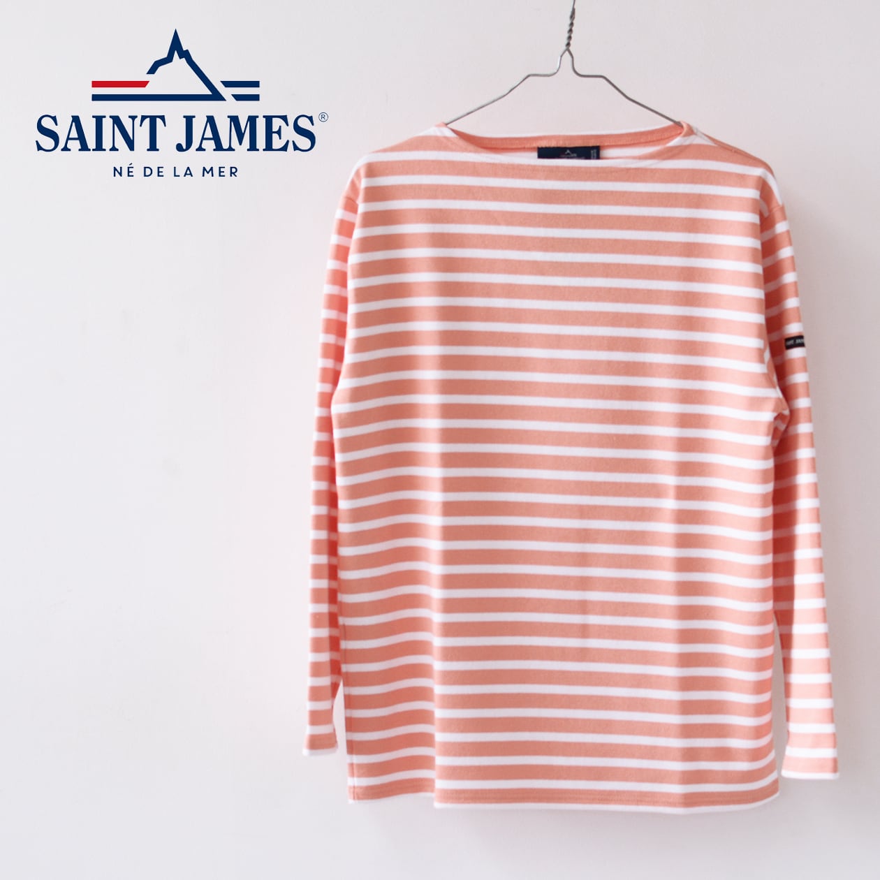 SAINT JAMES [ セントジェームス 正規販売店 ] OUESSANT BORDER - BOUQUET&times; NEIGE [bo-bou-nei] ウエッソン ボーダー・シャーベットオレンジ&times;白・カットソー・長袖・コットン・ボートネック・MEN'S / LADY'S [2024SS]｜refalt