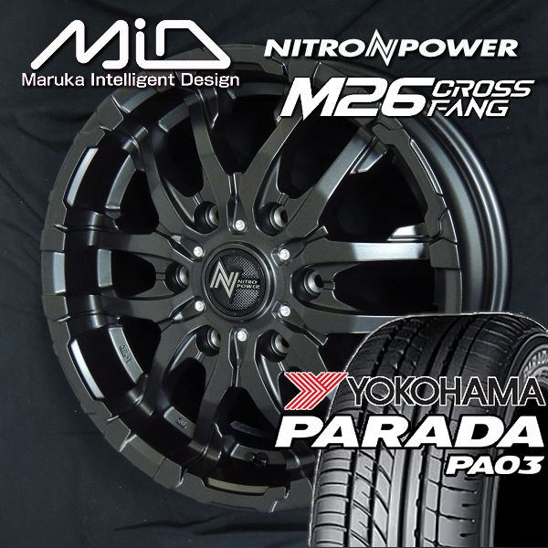 NV350 キャラバン 送料無料 ナイトロパワー M26 CROSS FANG バレルブラック/ドリルド 215/65R16C 109/107S ヨコハマ パラダPA03 ホワイトレター
