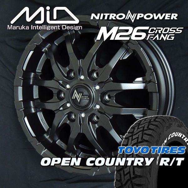 NV350 キャラバン 送料無料 ナイトロパワー M26 CROSS FANG バレルブラック/ドリルド 215/65R16 109/107Q TOYO オープンカントリーRT ホワイトレター
