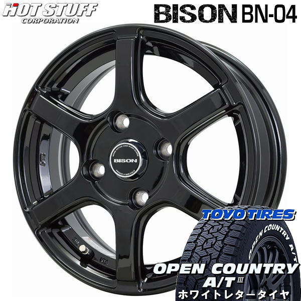 送料無料 NV200 バネット デリカD3 バイソン BN-04（4H PCD114.3） メタリックブラック 165/80R14 97/95N TOYO オープンカントリーA/T3 ホワイトレター タイヤ