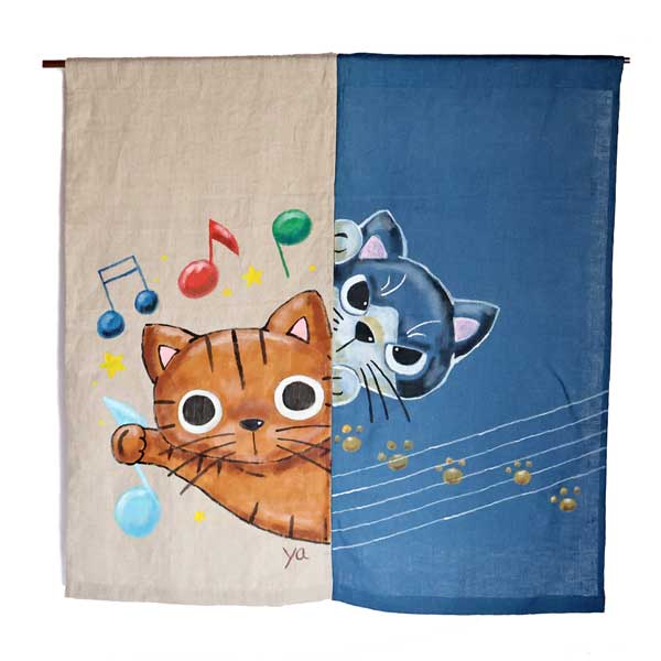 やまねこ 手描き のれん 茶トラとハチワレ 猫 麻 linen 暖簾 猫 猫グッズ 猫雑貨 おしゃれ カーテン 間仕切り 仕切りカーテン 目隠し 和風 和柄 和モダン 和風モダン 和風暖簾 猫 ねこ にゃんこ 招福 三毛猫 85&times;90cm 日本製 国産 【猫 のれん 猫 暖簾】｜リボンキャット　店