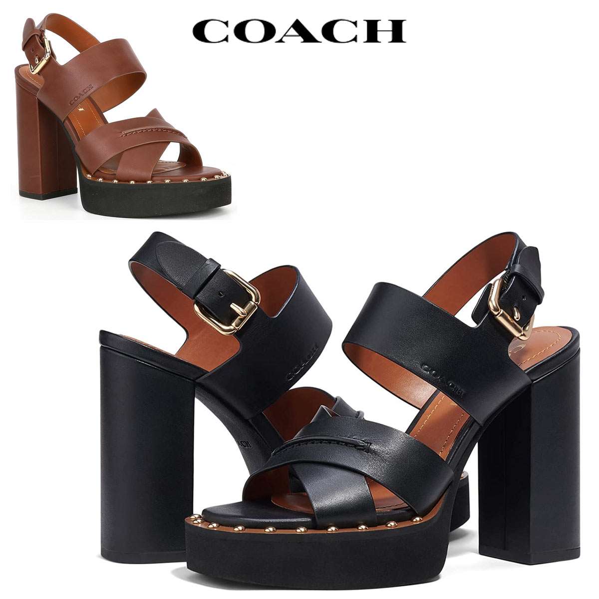 お値下げCOACH ブラウン ストラップサンダル コーチ COACH ストラップサンダル ブラック7B 約24cm 黒レザー
