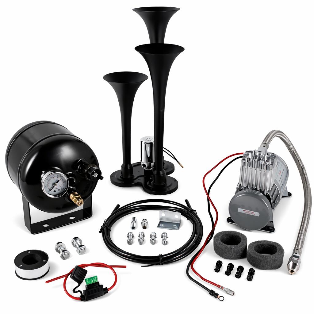 【これ一つで完結】 3連エアホーン タンク＆コンプレッサー付 フルセット 12V 130dB 2L 20A 150PSI 圧力スイッチ 汎用 トラック デコトラ バイク オートバイ エアコンプレッサー エアタンク エアサス エアサスコンプレッサー タンク付き 2リットル バイク