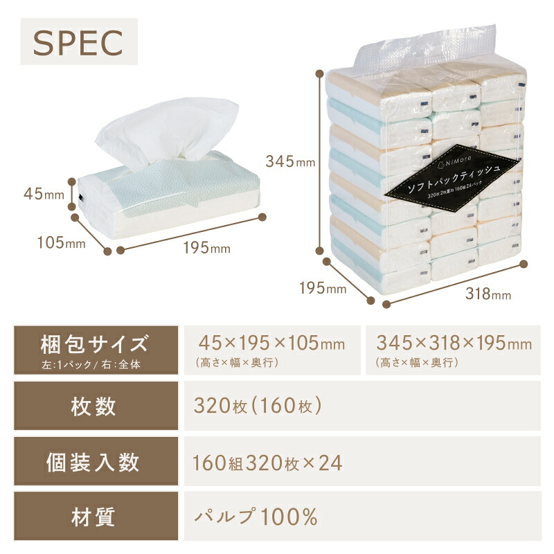 【10/1限定全品10％OFFクーポン♪ライズの日】 ＼送料無料／ ティッシュペーパー ソフトパックティッシュ ティシュ まとめ買い 24パック 72パック 320枚 160組 ティッシュ 箱なし 大容量 ローリングストック コンパクト 生活用品 雑貨 日用品 紙 常備品 備蓄