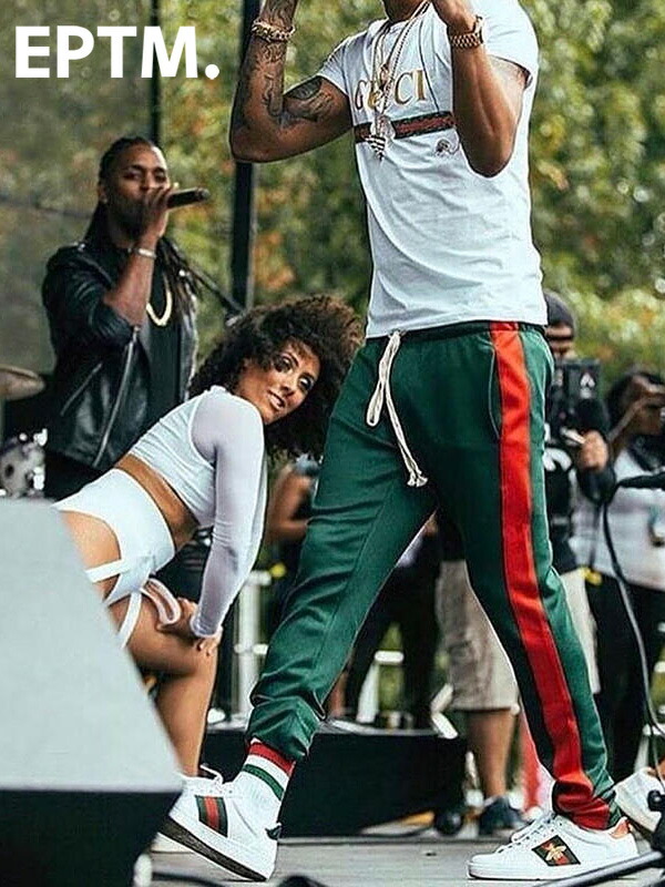 green red track pants