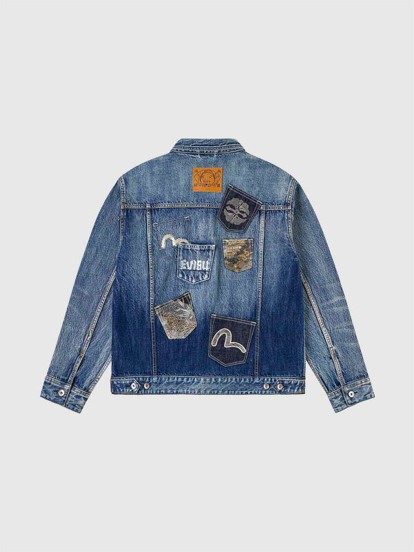 EVISU エヴィス デニム ジーンズ上衣 マルチ衣嚢 鴎 家紋 ロゴタイプ刺しゅう 筋目 トップ Gジャン MULTI-POCKET DENIM JKT BROCADE PATCH 2ESHTM6DJ1008