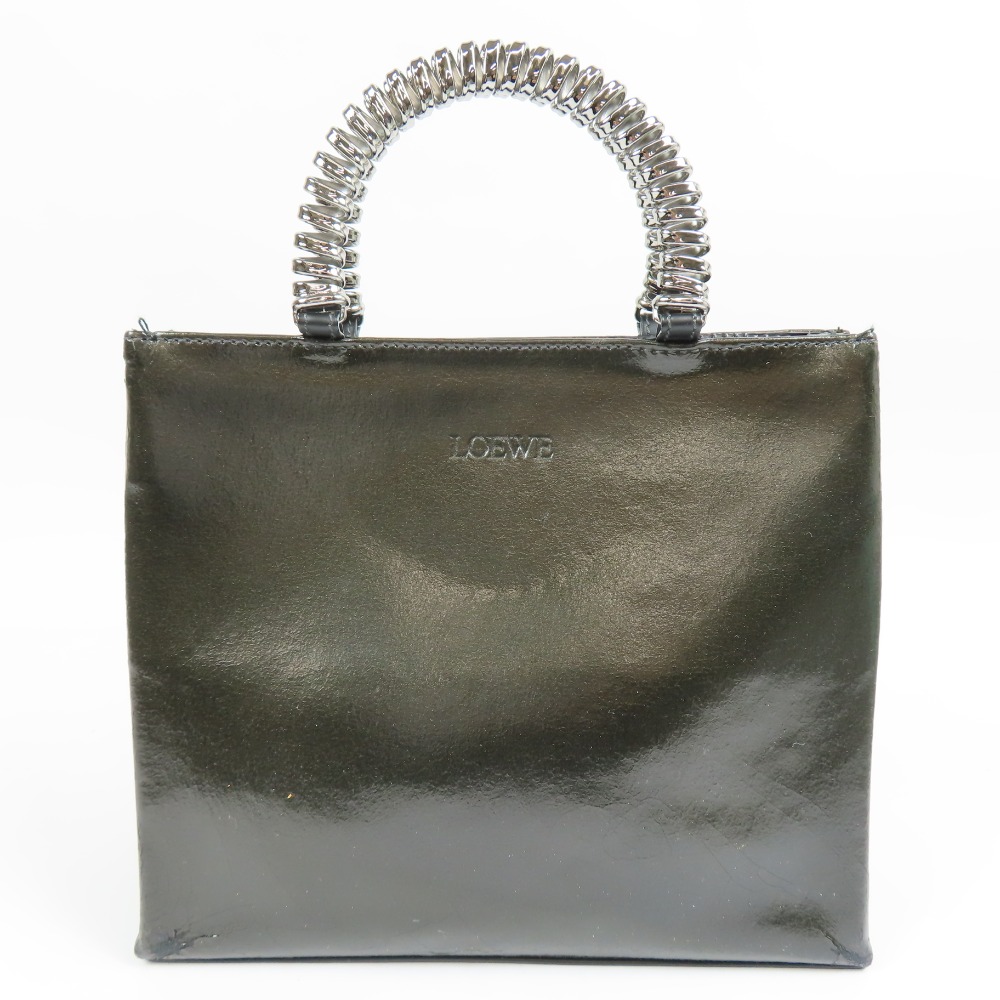 ロエベ ミニバッグ スクエア ハンドバッグ パテントレザー/レザー カーキ レディース【中古】 本物 LOEWE
