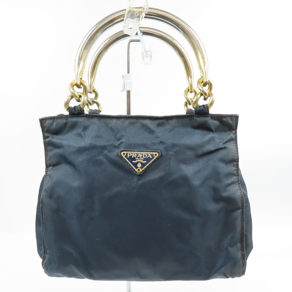 プラダ 三角ロゴ メタルハンドル ヴィンテージ ハンドバッグ ナイロン ネイビー レディース【中古】 本物 PRADA