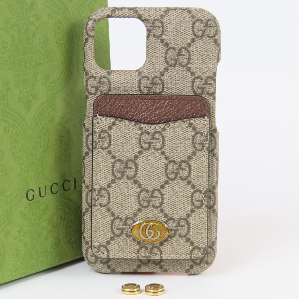 グッチ GGスプリーム カードケース付 カスタム iPhone用 スマホケース PVC ブラウン レディース【中古】極美品 本物 GUCCI