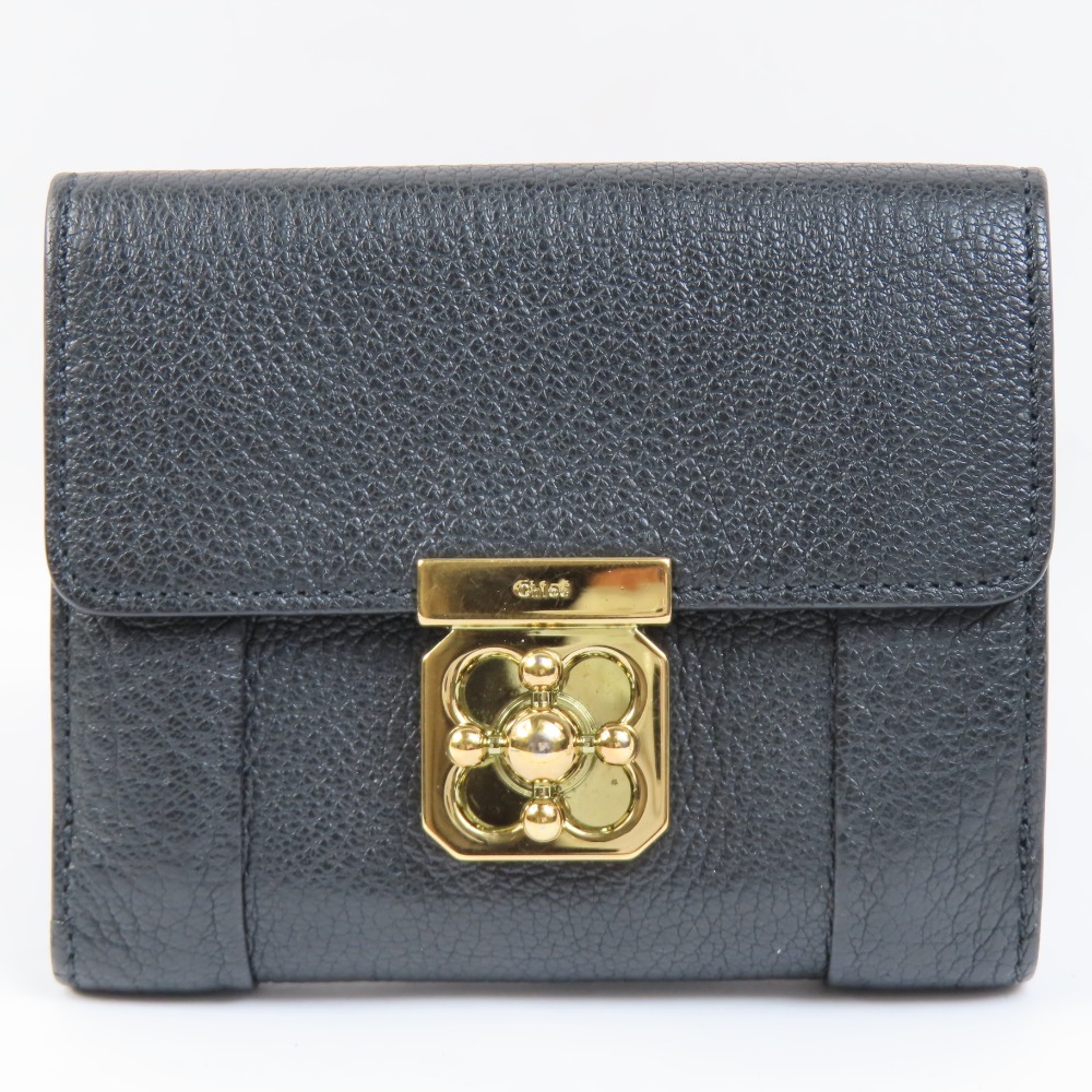 クロエ エルシー コンパクトウォレット 二つ折り財布 レザー ブラック レディース【中古】美品 本物 Chloe