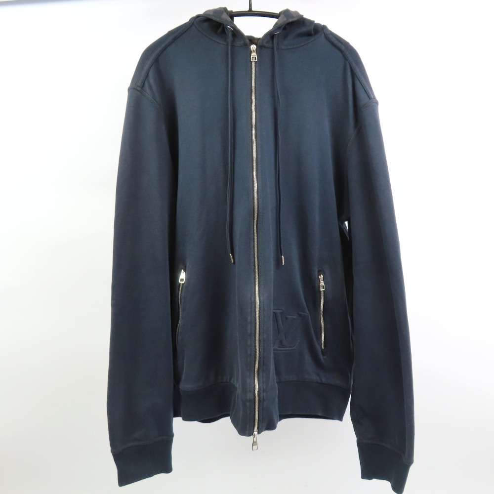 ルイヴィトン ロゴ ダミエ スウェット ジップ ポケット パーカー コットン ブラック メンズ【中古】美品 本物 LOUIS VUITTON