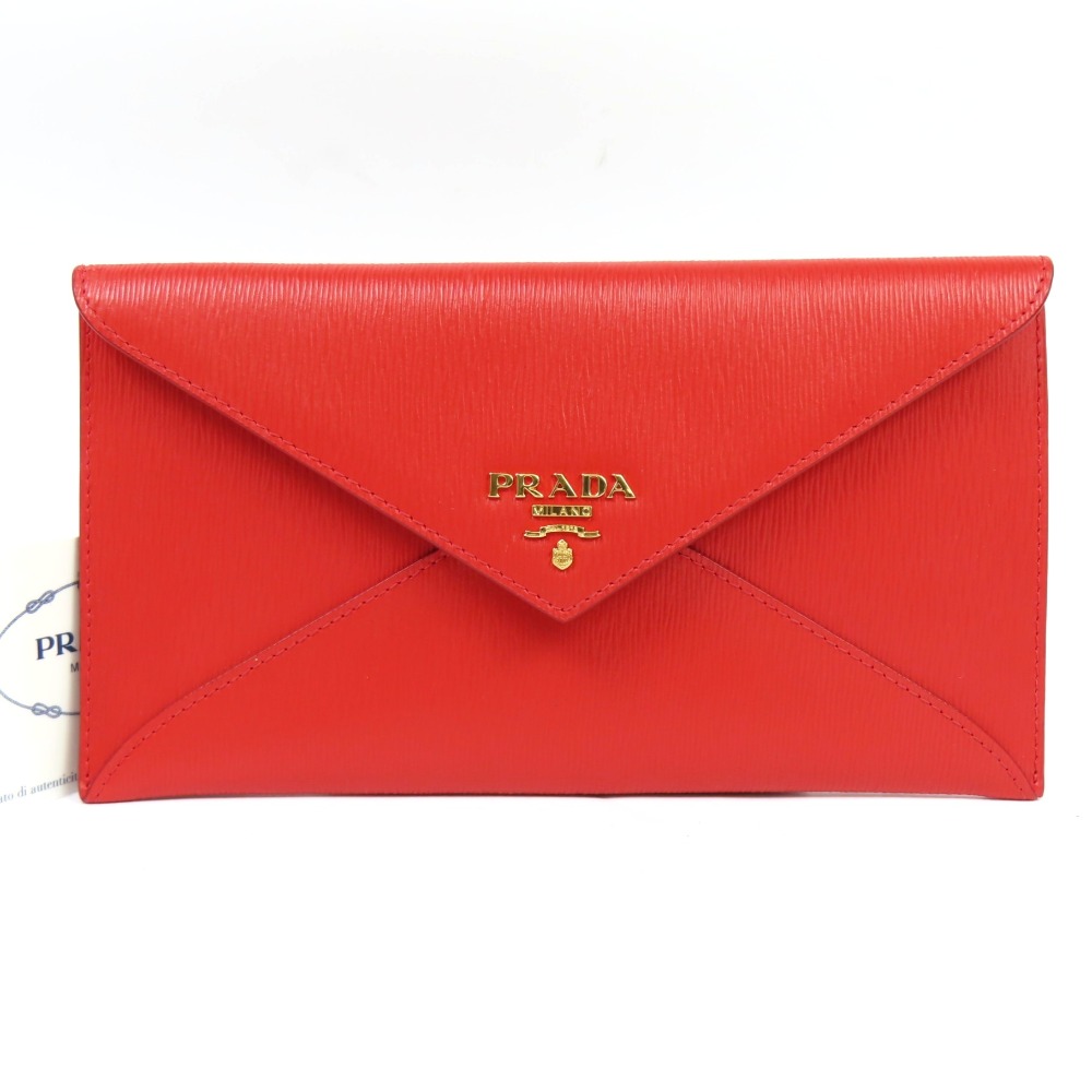 プラダ ロゴ レター型 フラットポーチ 小物入れ 長財布 レザー レッド レディース【中古】美品 本物 PRADA