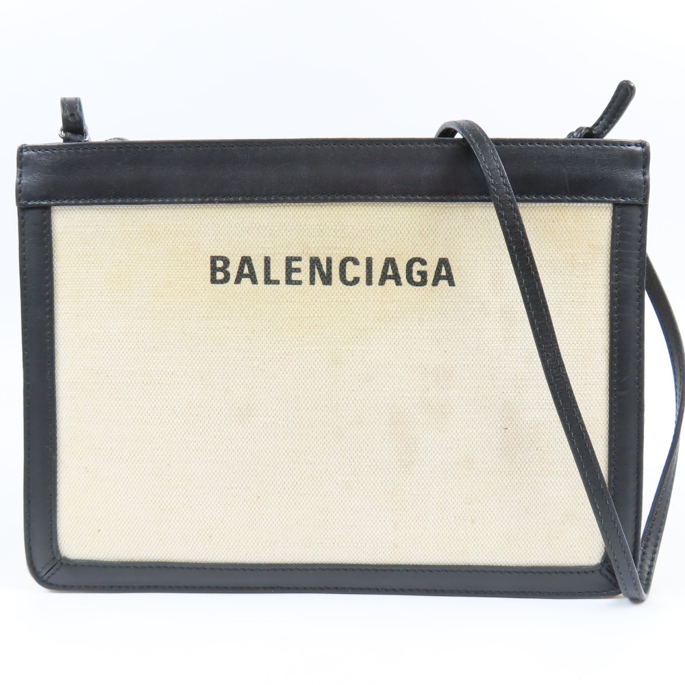 バレンシアガ ネイビーポシェット 339937 ショルダーバッグ レザー/キャンバス ベージュ レディース【中古】 本物 BALENCIAGA