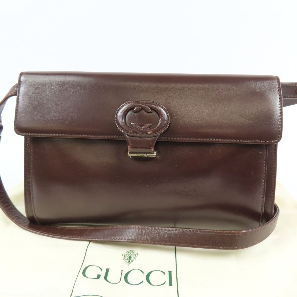 グッチ オールドグッチ インタロッキングG 2WAY 斜め掛けOK ショルダーバッグ レザー ブラウン【中古】 本物 GUCCI