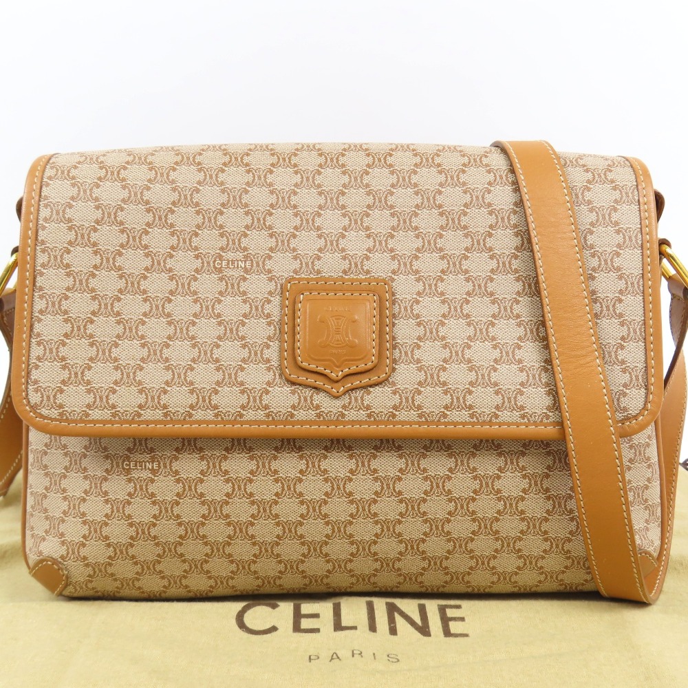 セリーヌ マカダム Ｇ金具 ヴィンテージ ショルダーバッグ PVC/レザー ベージュ レディース【中古】極美品 本物 CELINE