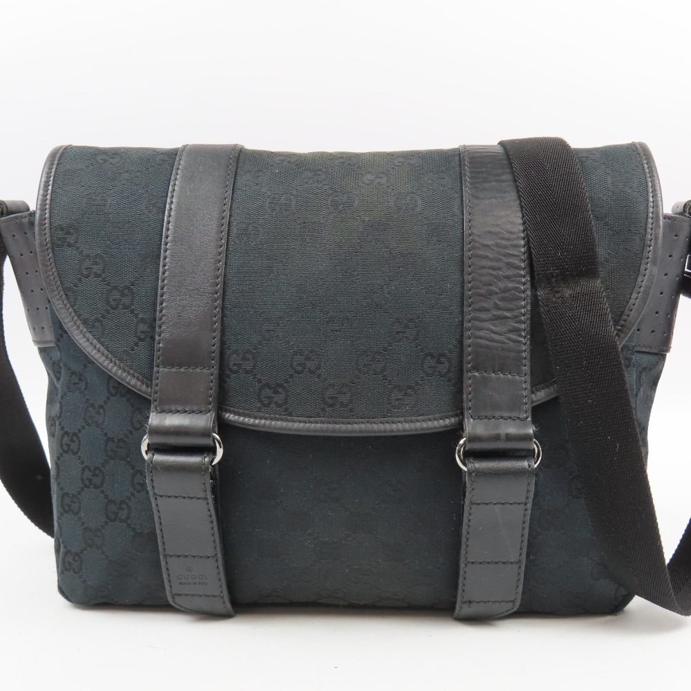 グッチ パンチング GG柄 145859 斜め掛けOK ショルダーバッグ キャンバス/レザー ブラック メンズ【中古】 本物 GUCCI
