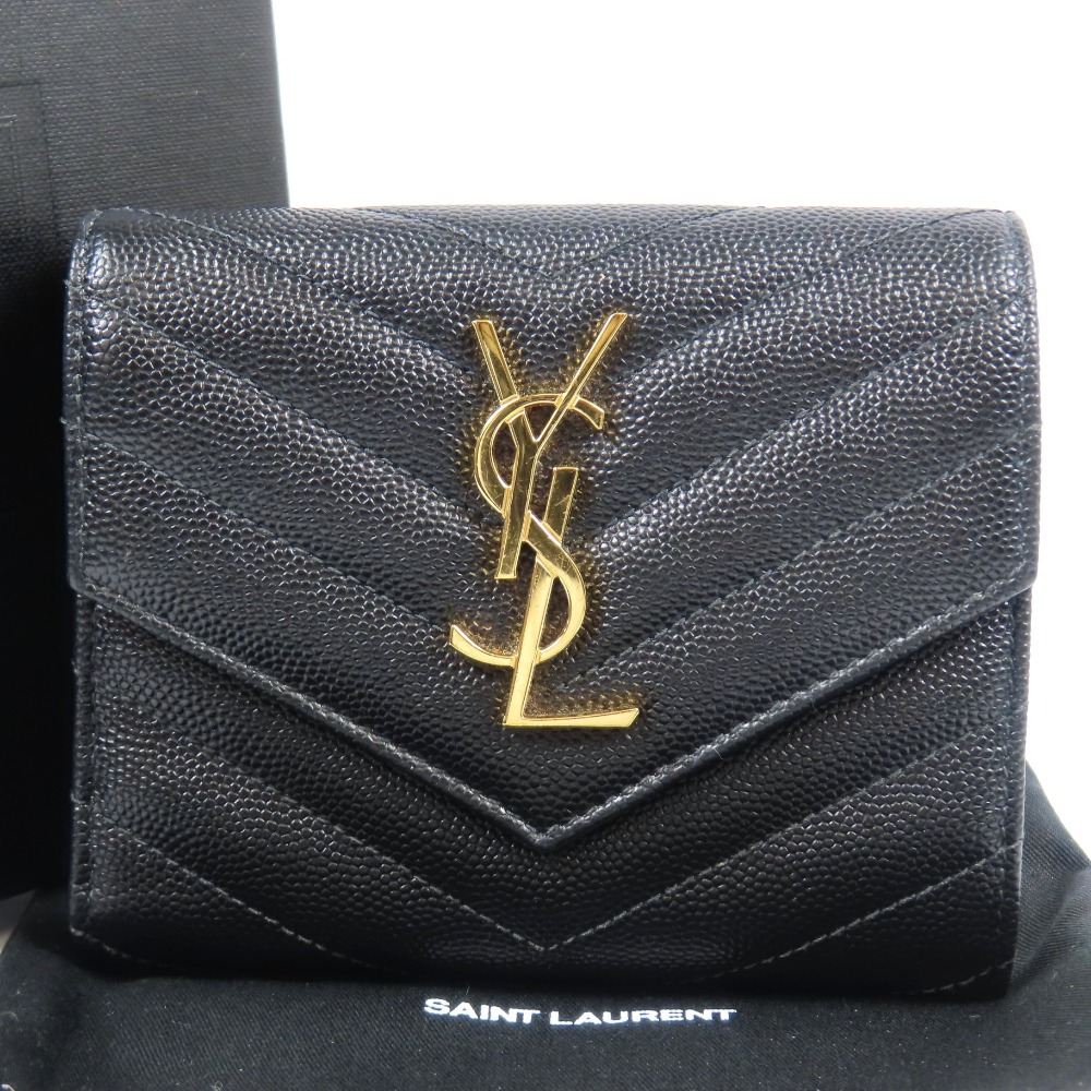 サンローラン YSLロゴ モノグラム スリーフォールド Vステッチ 403943 コンパクトウォレット 三つ折り財布 レザー ブラック レディース【中古】新品同様美品 本物 SAINT LAURENT｜Hybrid