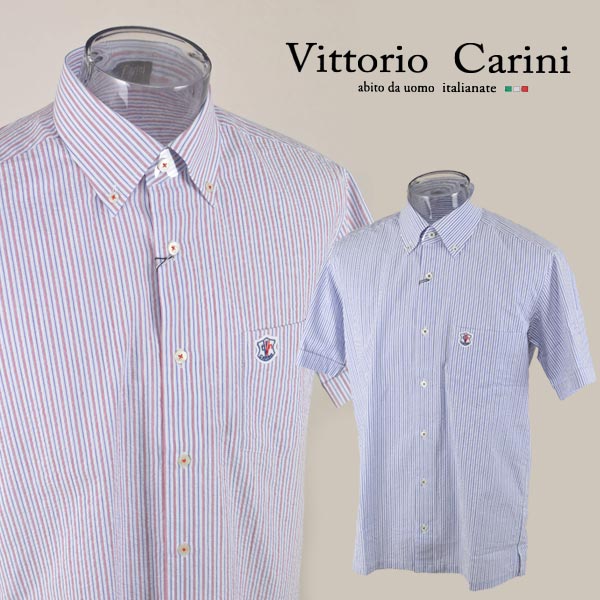 【 送料無料 50%OFF 】 カリーニ メンズ 半袖シャツ M L LL 7230-1508 [ Carini 半袖 シャツシャツ 綿 コットングレー 青 赤 ボタンダウン ストライプ ギフト 春夏 春 夏 大きいサイズ アウトレット 日本製 セール プレゼント sale かっこいい ]