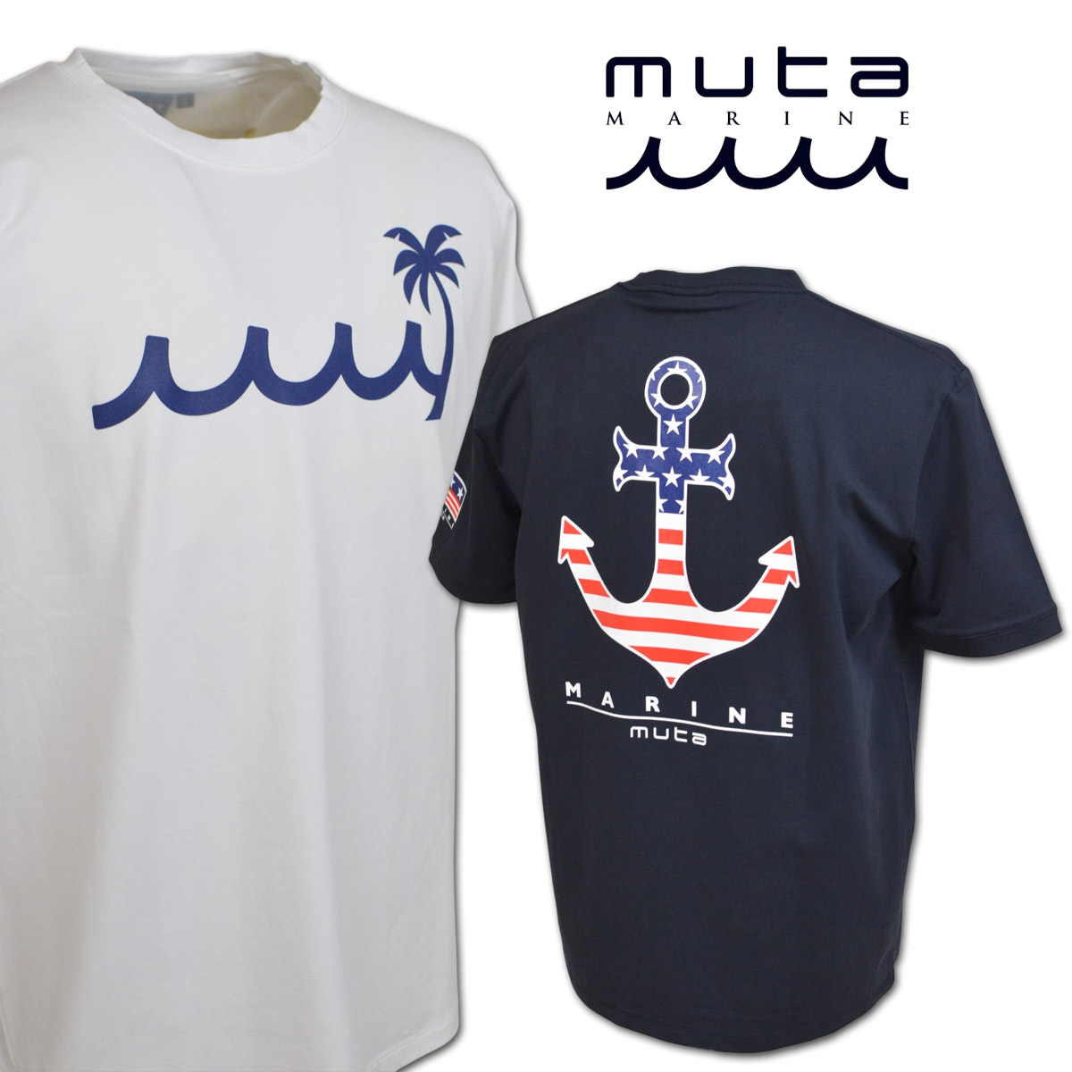 muta 半袖ティーシャツ メンズ 春夏用 白 紺 M L LL mmmp434772\u003cBR\u003e【  貨物輸送無料 】[ ムータ 半袖 ティーシャツ PALM WAVE 伸ばすことティーシャツ かっこいい 今めかしい ゴルフ golf 力くらべ 差し上げ物 差し上げ物 ]