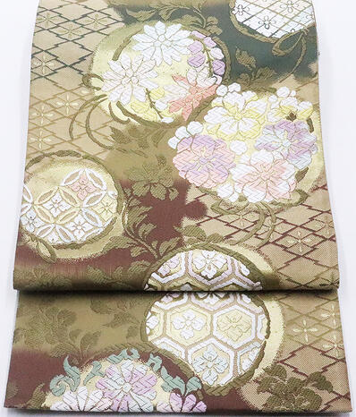 ＼ 特売品 ／ 訪問着用 袋帯 正絹 春秋円想文 草木染 新小石丸 唐織 緑 抹茶色 桜 菊 七宝 丸文 Lサイズ F5766 新品 公式行事 レディース シルク レディース オールシーズン 仕立て上がり ギフト 成人式 入学式 卒業式 結婚式 激安 まとめ買い 在庫限送料込み