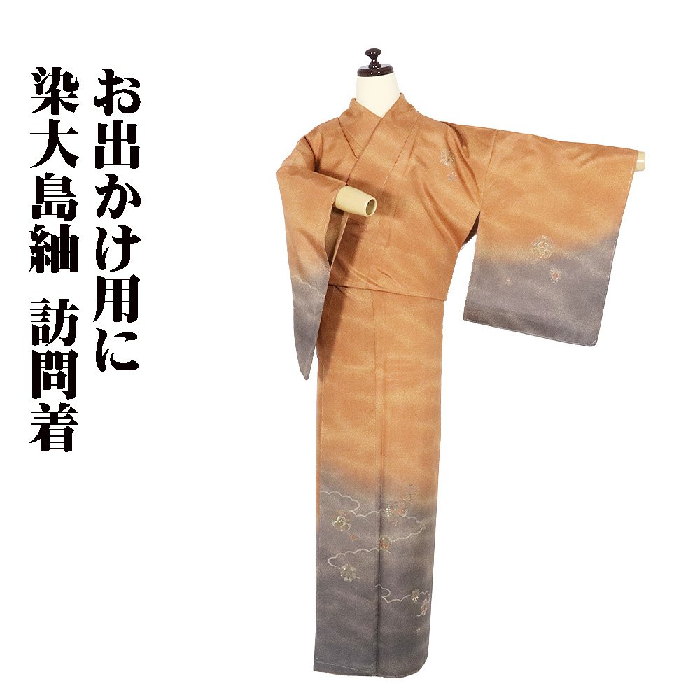 ＼ 20％offクーポン券 ／ 染大島紬 短い訪問着 正絹 袷 オレンジ色 薄墨色 緑 刺しゅう 飾りつけ唐花 M大きさ ki28668 新品 御召しもの レディース 地絹 差し上げ物 押さえる品  当日送りとどける 即納  最強またの日送りとどける 貨物輸送無料  差し上げ物 差し上げ物