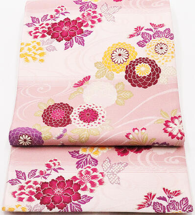 ＼ 特売品 ／ 訪問着用 袋帯 正絹 ピンク ベージュ 桜 菊 牡丹 Lサイズ F5705 中古美品 公式行事 レディース シルク レディース オールシーズン 仕立て上がり 成人式 入学式 卒業式 結婚式まとめ買い 在庫限 ギフト 激安 まとめ買い 在庫限り 送料込み