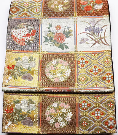 ＼ 20％offクーポン ／ 礼装用 袋帯 正絹 紫 銀 金 桜 菖蒲 牡丹 菊 天井紋 Mサイズ F4679 美品 着物 レディース 公式行事 リサイクル 中古 オールシーズン 仕立て上がり 成人式 入学式 卒業式 結婚式まとめ買い 在庫限り ギフト 激安 まとめ買い 在庫限り 送料無料｜さかえや着物