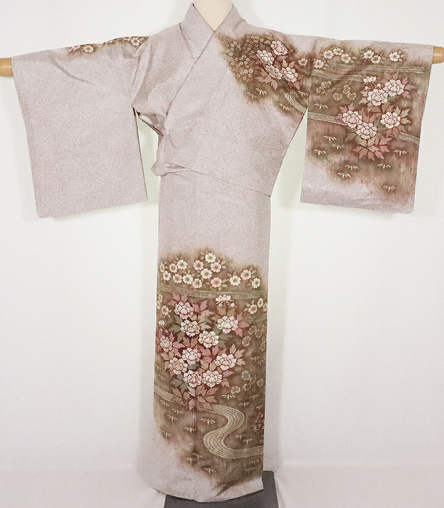 ＼ 20％offクーポン ／ 京友禅作家 松井青々氏作 染大島紬 訪問着 袷 正絹 グレー 花流水 Mサイズ ki26013 着物 レディース オールシーズン 美品 オールシーズンまとめ買い 在庫限り ギフト 激安 まとめ買い 在庫限り 当日発送 即納 最強翌日配送 送料無料 ギフト｜さかえや着物