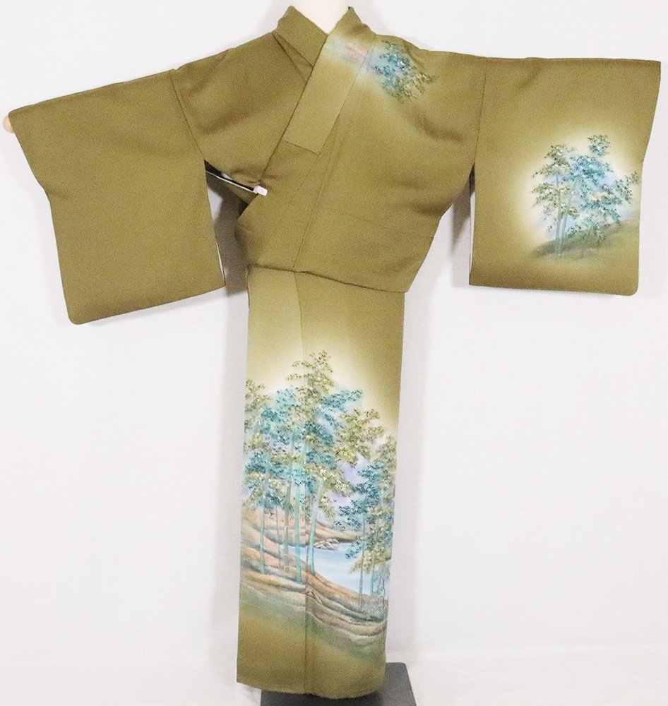 \ 特売品 / 訪問着 袷 正絹 抹茶色 暈し 竹林 20号 Lサイズ ki27075 中古 着物 レディース オールシーズン ギフト 激安 まとめ買い 在庫限り 当日発送 即納 最強翌日配送 送料込み\ /|さかえや着物
