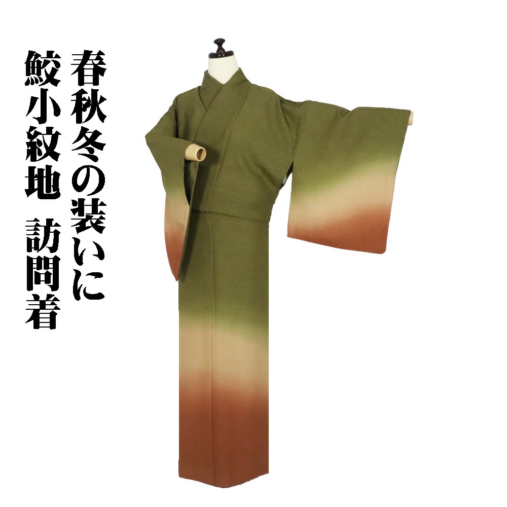 ＼ 20％offクーポン ／ ＼ 特売品 ／ 訪問着 袷 正絹 鮫小紋地 緑 ベージュ 赤茶紫 暈し Lサイズ ki31386 美品 レディース シルク ギフト フォーマル 30代 40代 50代 送料無料