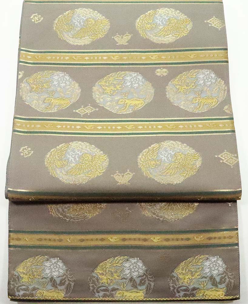 ＼ 特売品 ／ 礼装用 西陣織袋帯 緑 金 金色繭 飛天 草木染 全通 鹿 兎 鳳凰 宝尽くし F5409 新品 Lサイズ レディース シルク オールシーズン 仕立て上がり まとめ買い 在庫限 ギフト 激安 まとめ買い 在庫限り 当日発送 即納 最強翌日配送 送料込み｜さかえや着物