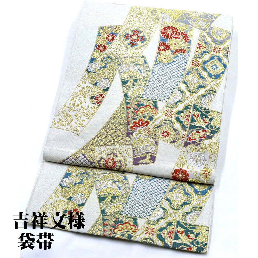 ＼ 特売品 ／ 礼装用 袋帯 正絹 ベージュ 短冊文 華文 松竹梅 宝尽くし Lサイズ F5971 中古美品 オールシーズン 仕立て上がり 成人式 入学式 卒業式 結婚式 まとめ買い 在庫限り ギフト 激安 まとめ買い 在庫限り 当日発送 即納 最強翌日配送 送料込み
