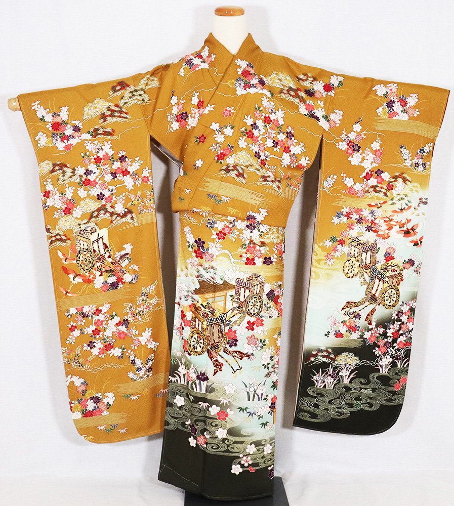 ＼ 20％offクーポン ／ 本振袖 袷 正絹 辛子色 グリーン 緑暈し 桜 菊 松竹梅 御所車 ki27135 新品 トールサイズ Lサイズ レディース 成人式 卒業式 オールシーズン まとめ買い 在庫限り ギフト 激安 まとめ買い 在庫限り 当日発送 即納 最強翌日配送 送料無料 ギフト｜さかえや着物