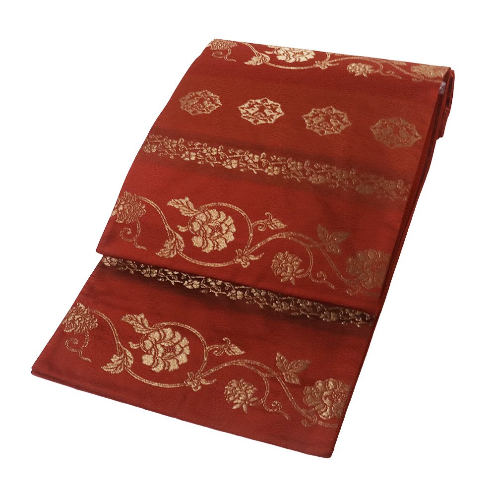 ＼ 20％offクーポン ／ 訪問着用 袋帯 正絹 赤紫 レンガ色 赤 縞 金糸 唐花 Lサイズ F6814 未使用品 ふくろおび fukuroobi レディース シルク ギフト 当日発送 即納 最強翌日配送 送料無料