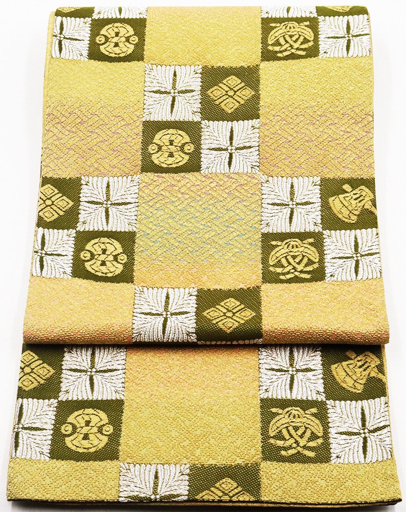＼ 20％offクーポン ／ 留袖用 袋帯 正絹 金 銀 緑 松菱文 宝尽くし 格子縞 全通 Lサイズ F5884 中古美品 レディース シルク オールシーズン 仕立て上がり まとめ買い 在庫限り ギフト 激安 まとめ買い 在庫限り 当日発送 即納 最強翌日配送 送料無料 ギフト｜さかえや着物