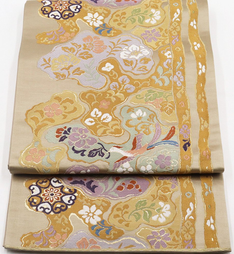＼ 特売品 ／ 訪問着用 袋帯 正絹 レトロ調 茶色 唐花 華文 花喰鳥 Mサイズ F5832 中古美品 レディース シルク オールシーズン 仕立て上がり まとめ買い 在庫限り ギフト 激安 まとめ買い 在庫限り 当日発送 即納 最強翌日配送 送料込み