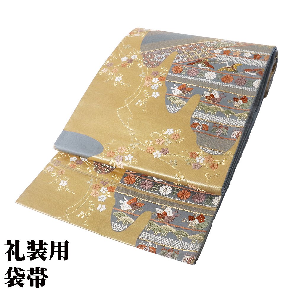＼ 20％offクーポン ／ 訪問着用 袋帯 正絹 グレー 金箔 鶴 蝶 松竹梅 菊 Lサイズ F6884 美品 ふくろおび フォーマル レディース シルク ギフト 当日発送 即納 最強翌日配送 送料無料 ギフト ギフト｜さかえや着物