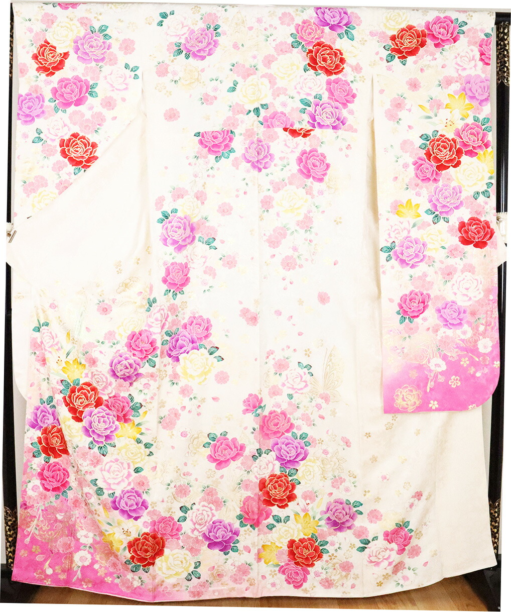 ＼ 20％offクーポン ／ 【一点物】本振袖★正絹★蝶に薔薇　ki23504【新品】トールサイズまとめ買い 在庫限り ギフト 激安 まとめ買い 在庫限り 当日発送 即納 最強翌日配送 送料無料 ギフト ギフト｜さかえや着物