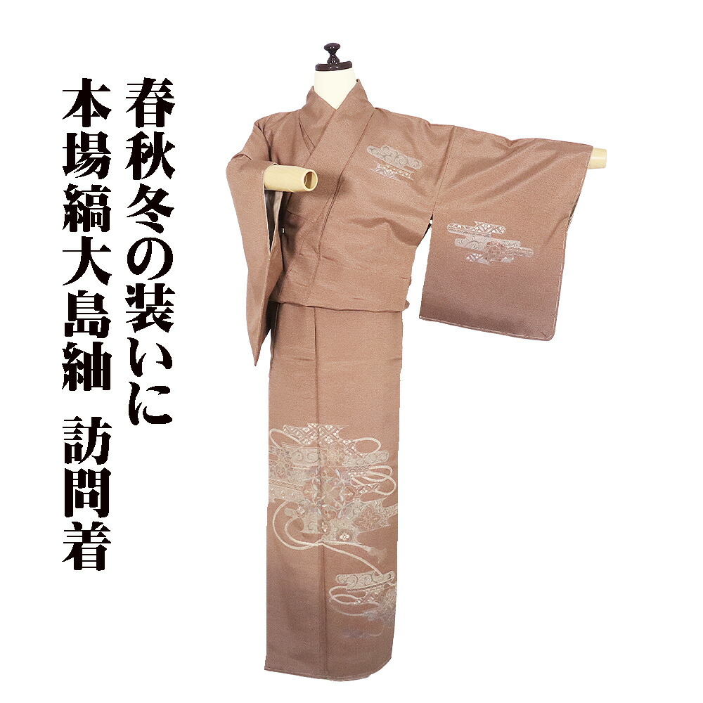 ＼ 20％offクーポン券 ／ 発祥地縞大島紬 短い訪問着 袷 正絹 赤茶 赤茶紫 暈し 刺しゅう 華文 パルメット唐草文様 霞文 M大きさ ki31578 未当て嵌める品 セミフォーマル 貨物輸送無料  差し上げ物 差し上げ物