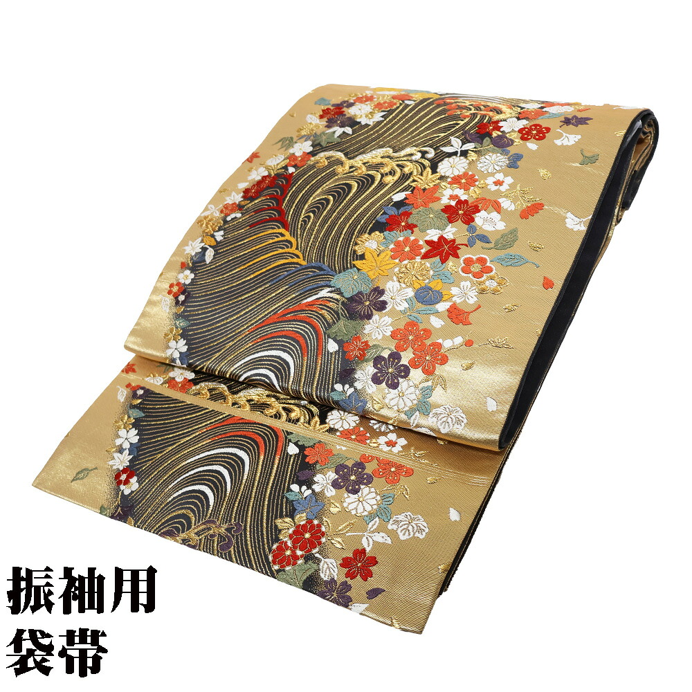 ＼ 20％offクーポン ／ 振袖用 袋帯 正絹 金箔 グレー 桜 菊 紅葉 梅 荒波 Lサイズ F7142 美品 ふくろおび レディース シルク 成人式 フォーマル 送料無料 7,831円