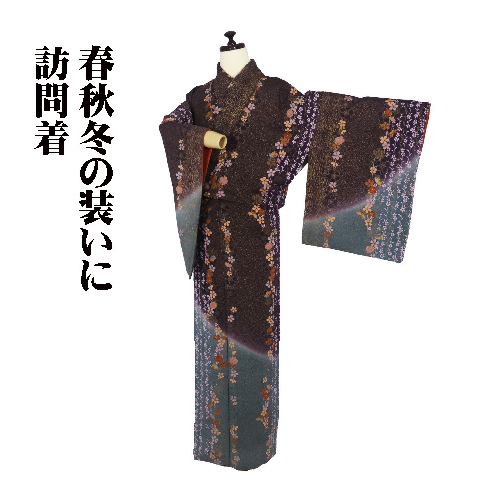 \ 20%offクーポン / 訪問着 袷 正絹 紫 金箔 緑 桜 菊 蝶 Sサイズ ki31700 美品 レディース シルク ギフト セミフォーマル 20代 30代 40代 送料無料