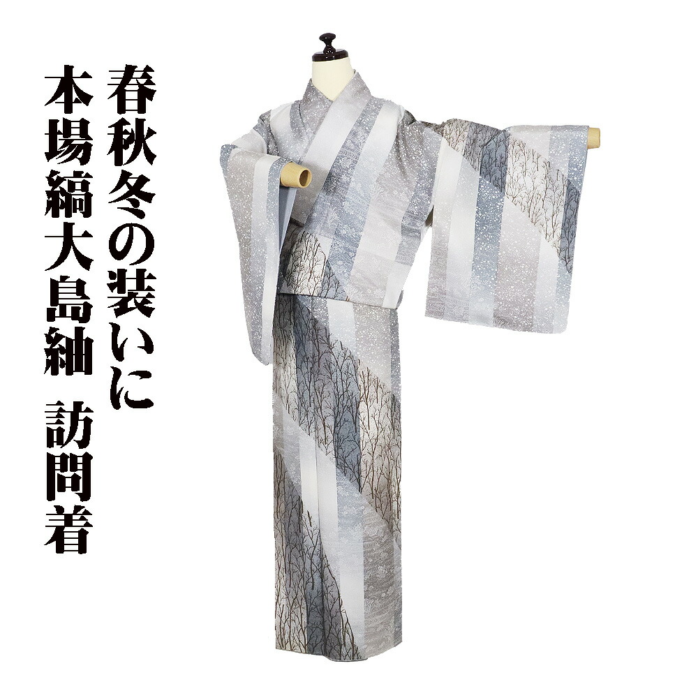＼ 20％offクーポン ／ 本場縞大島紬 訪問着 袷 正絹 オーク色 グレー 薄グレー 緑 暈し 樹木 草花 曲水 あられ模様 トールサイズ ki31720 新品 ギフト 送料無料
