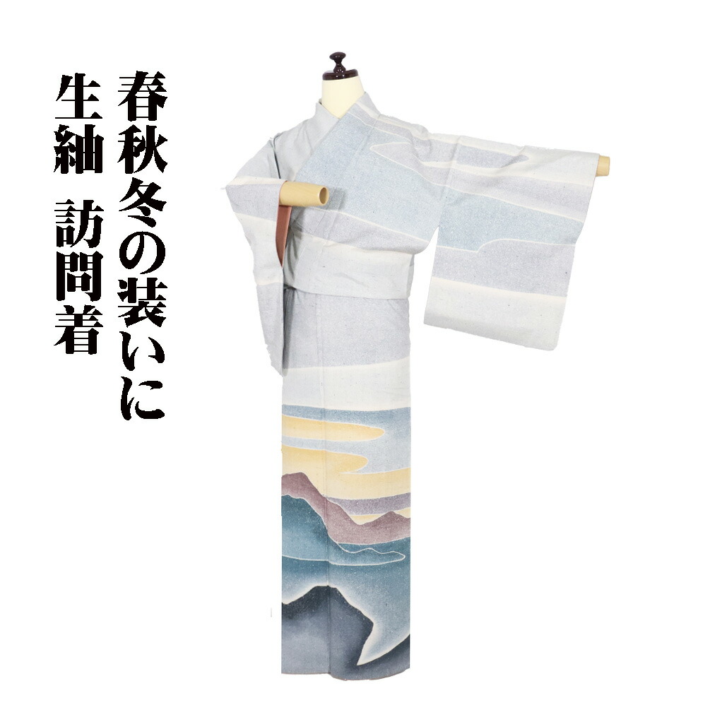 ＼ 20％offクーポン券 ／ 生紬 短い訪問着 袷 正絹 ともし火薄墨色 緑 赤紫 黒 暈し 墨付き 風景画 SM大きさ ki31746 美品 レディース 差し上げ物 30代 40代 50代 貨物輸送無料  差し上げ物 差し上げ物