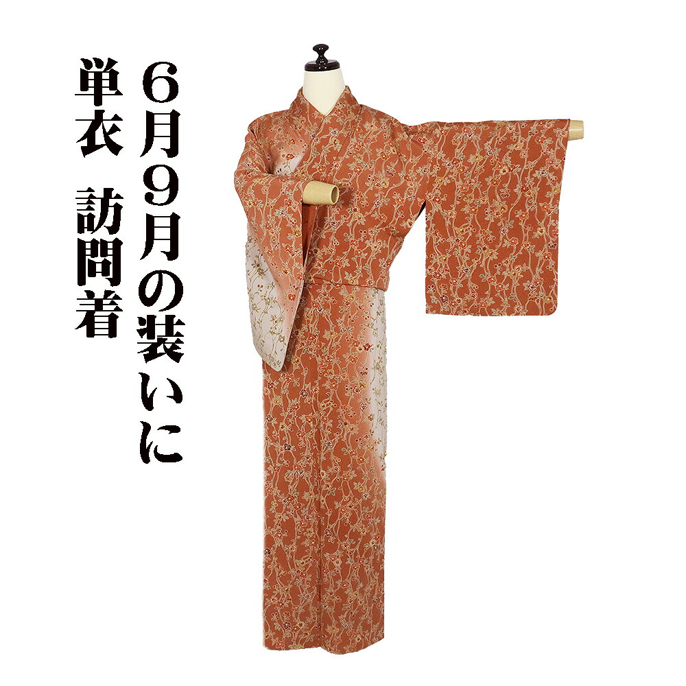 ＼ 20％offクーポン券 ／ 単衣 短い訪問着 正絹 怨めしいレンガ色 怨めしいオーク材色 暈し 花柄 L大きさ ki32239 美品 ひとえ 夏御召しもの レディース 地絹 フォーマル 貨物輸送無料 差し上げ物