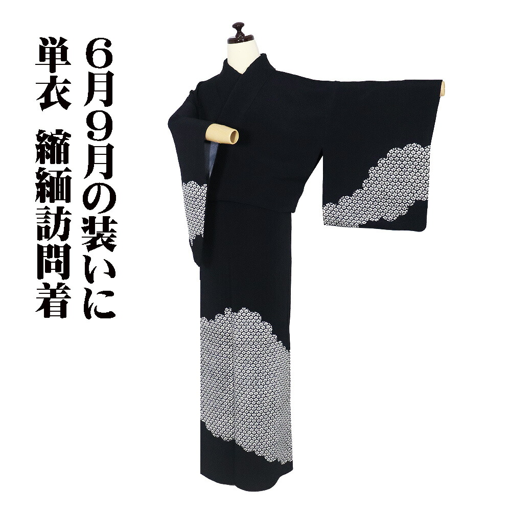 ＼ 20％off引き換え証 ／ 単衣 クレープ短い訪問着 正絹 黒 梅 15号 L大きさ ki32256 美品 ひとえ 夏御召しもの レディース 地絹 差し上げ物 フォーマル 貨物輸送無料