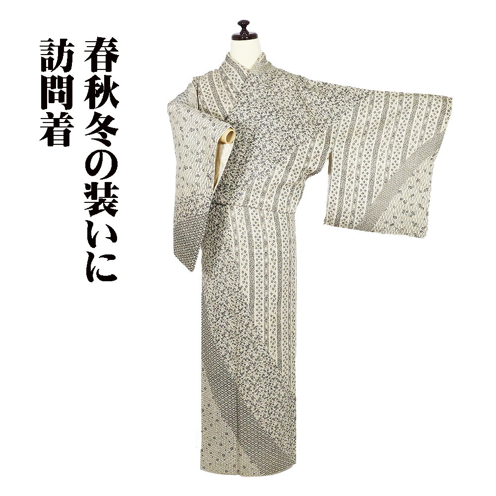 ＼ 20％offクーポン券 ／ 日本の首都文様 着飾る短い訪問着 袷 正絹 ベージュ 桜 梅 縦縞 麻の葉文 七宝文 立涌文 熨斗文 花菱文 曲がった縞 L大きさ ki31864 美品 貨物輸送無料  差し上げ物 差し上げ物