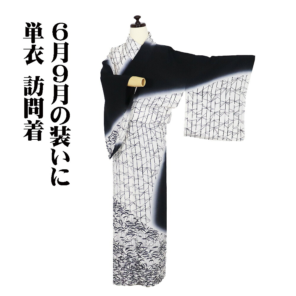 ＼ 20％offクーポン ／ 単衣 訪問着 正絹 黒 白 暈し 幾何文様 草柄 オミナエシ SMサイズ ki32007 美品 レディース ギフト フォーマル 6月9月シーズン 送料無料 17,094円