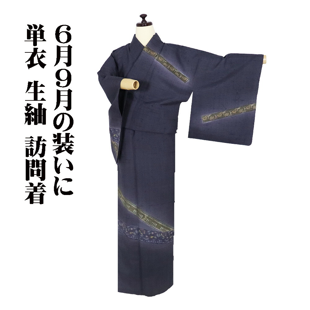 ＼ 20％offクーポン券 ／ 単衣 生紬 短い訪問着 正絹 紺薄墨色 暈し 唐花 蝶 L大きさ ki32016 美品 夏御召しもの レディース 地絹 差し上げ物 セミフォーマル 貨物輸送無料  差し上げ物 差し上げ物