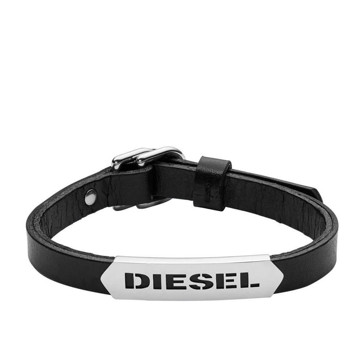 【百貨店SALE客体商いもの】ディーゼル DIESEL 付属物 DX0999040 ロゴタイプ ステンレス鋼一皿 メンズ なめし革 腕輪 黒いこと，しろがね色