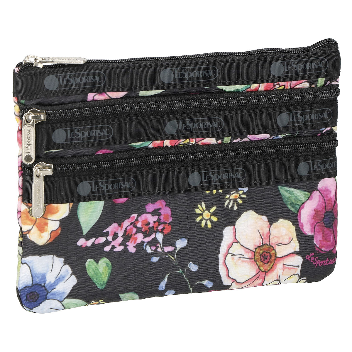 【百貨店SALE客体商いもの】レスポートサック LeSportsac 車寄せ コスメポーチ 7158 F655 3-ZIP COSMETIC スリージップコスメティック MOONLIT GARDEN 黒いこと系マルチ